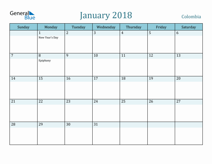 January 2018 Calendar with Holidays