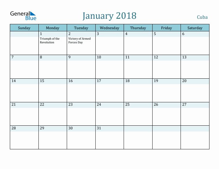 January 2018 Calendar with Holidays