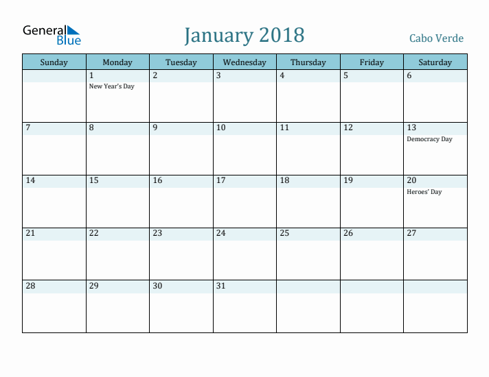 January 2018 Calendar with Holidays