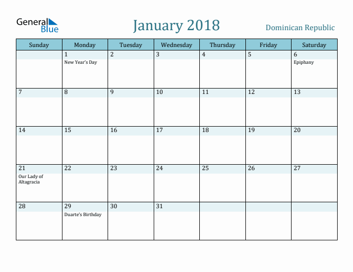 January 2018 Calendar with Holidays