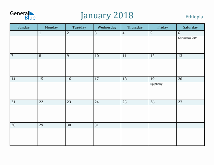 January 2018 Calendar with Holidays