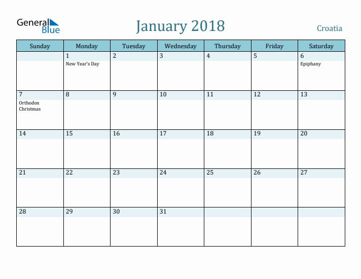 January 2018 Calendar with Holidays