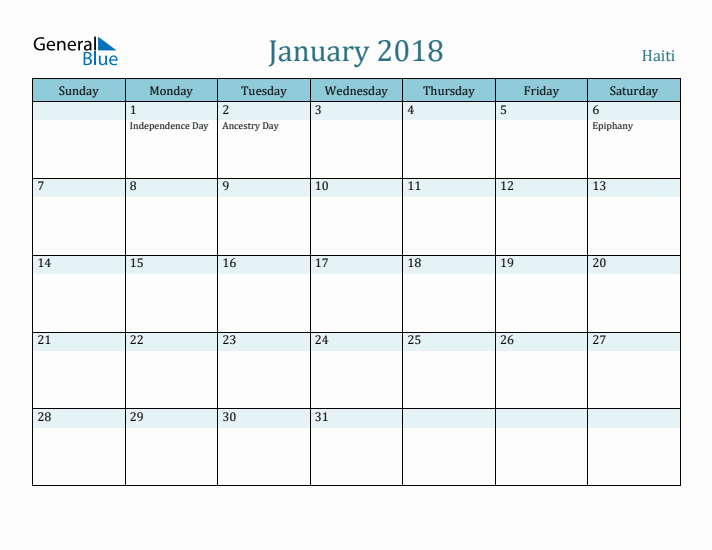 January 2018 Calendar with Holidays