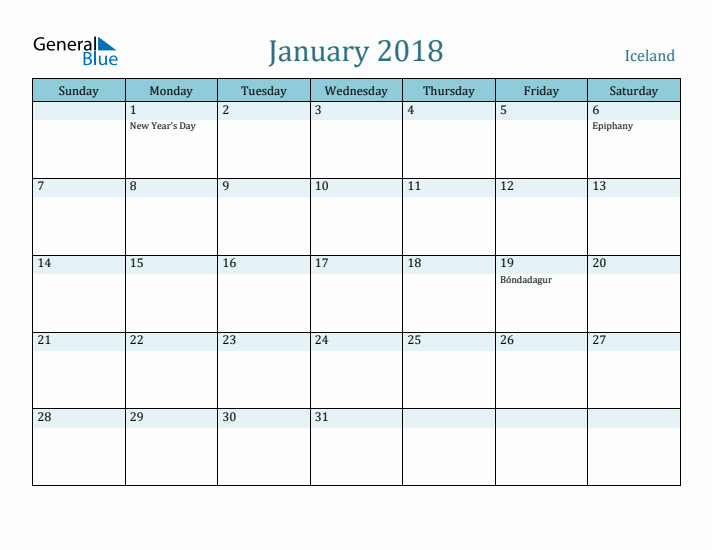 January 2018 Calendar with Holidays