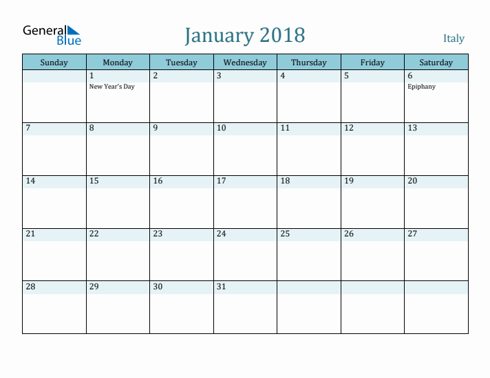 January 2018 Calendar with Holidays