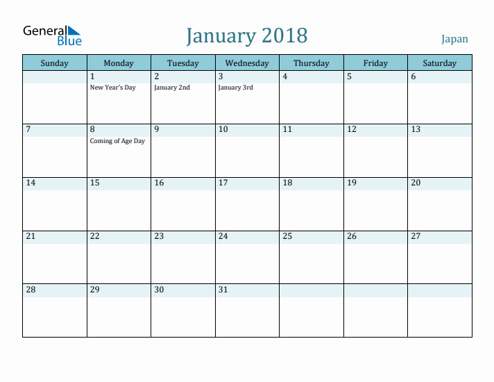 January 2018 Calendar with Holidays