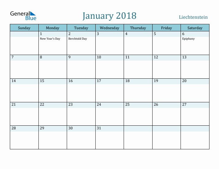 January 2018 Calendar with Holidays