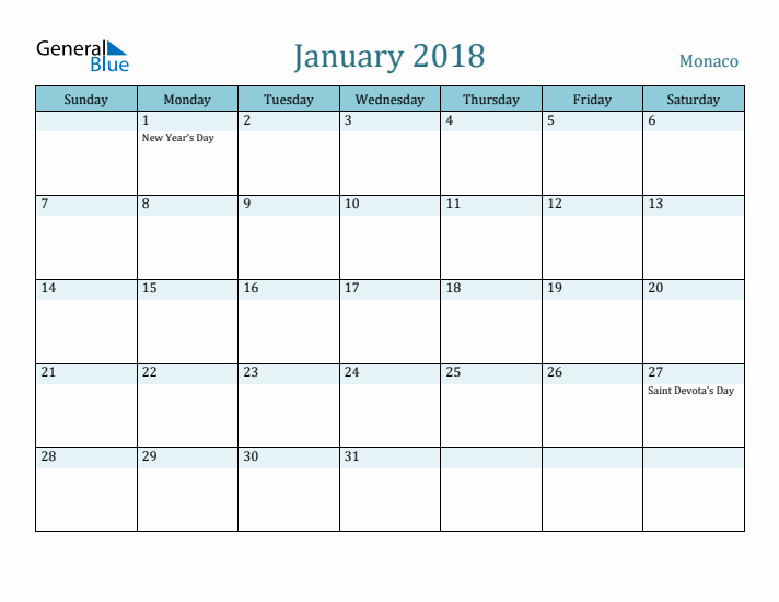 January 2018 Calendar with Holidays