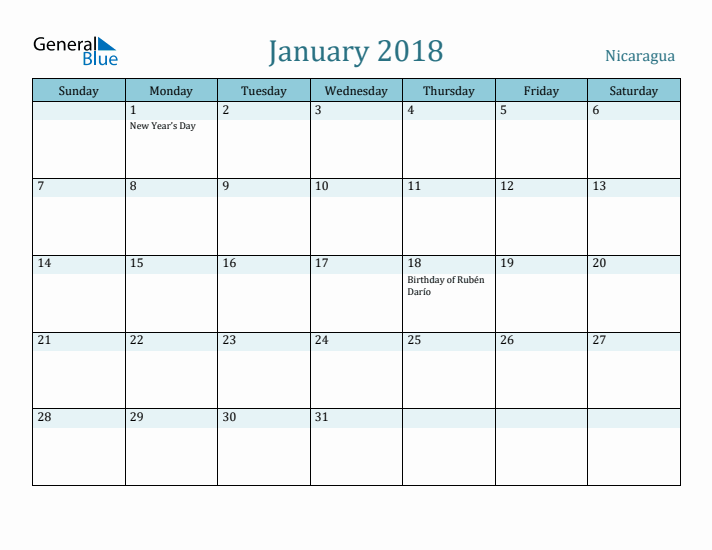 January 2018 Calendar with Holidays