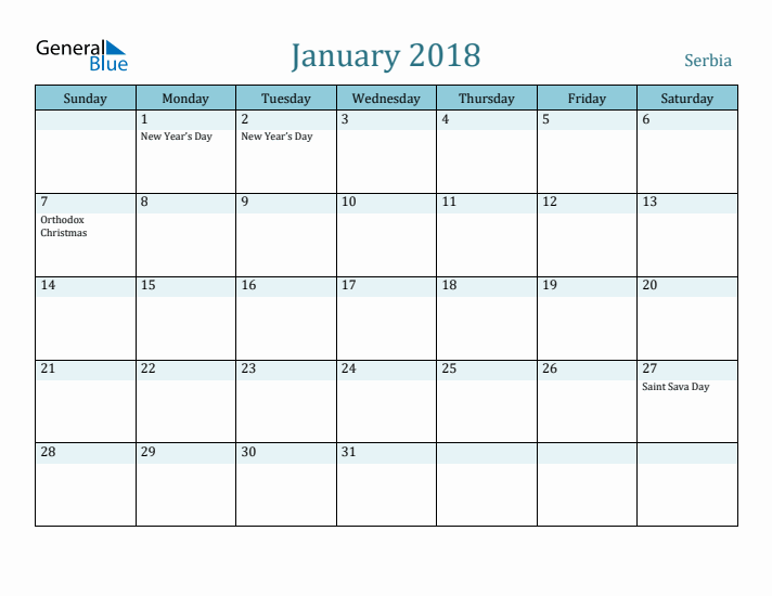 January 2018 Calendar with Holidays