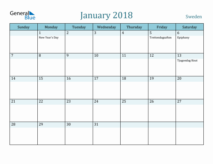 January 2018 Calendar with Holidays