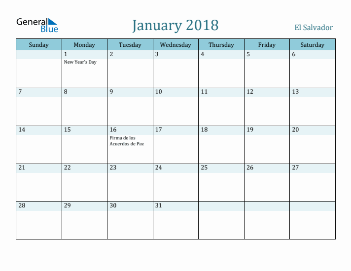 January 2018 Calendar with Holidays