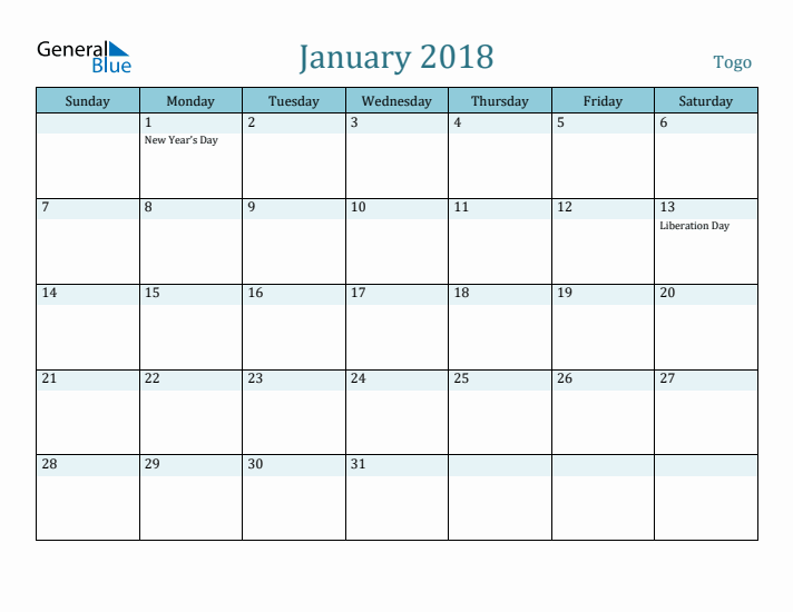 January 2018 Calendar with Holidays