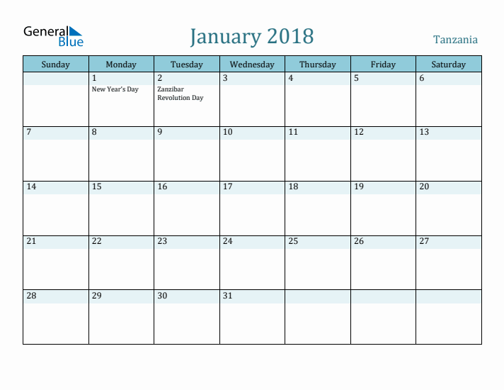 January 2018 Calendar with Holidays