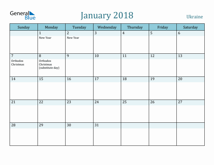 January 2018 Calendar with Holidays