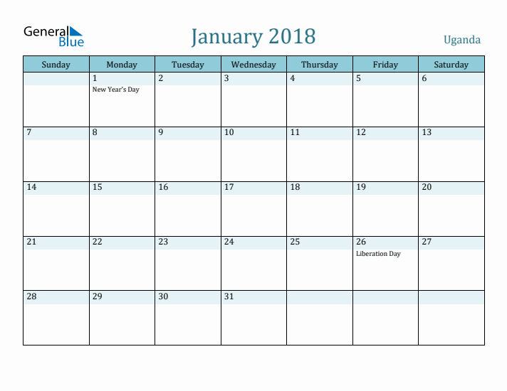 January 2018 Calendar with Holidays