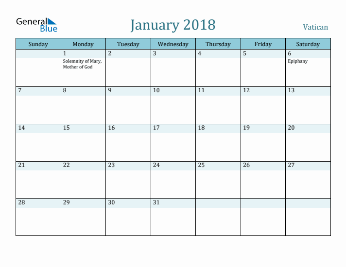 January 2018 Calendar with Holidays