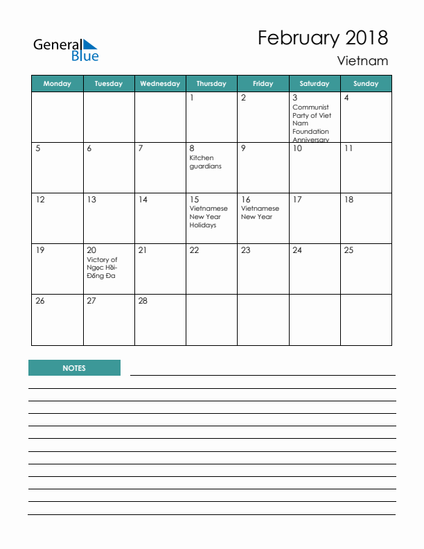 Calendar with Notes Printable - Monday Start