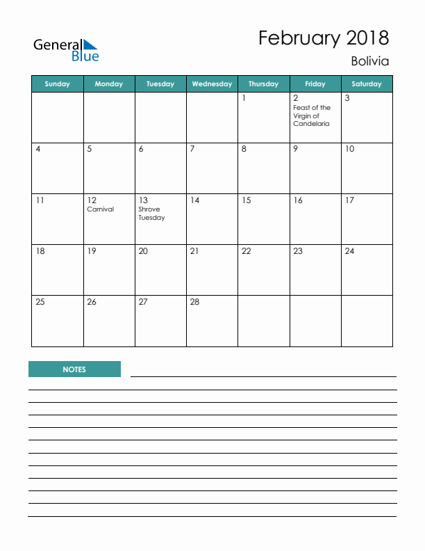 Calendar with Notes Printable - Sunday Start