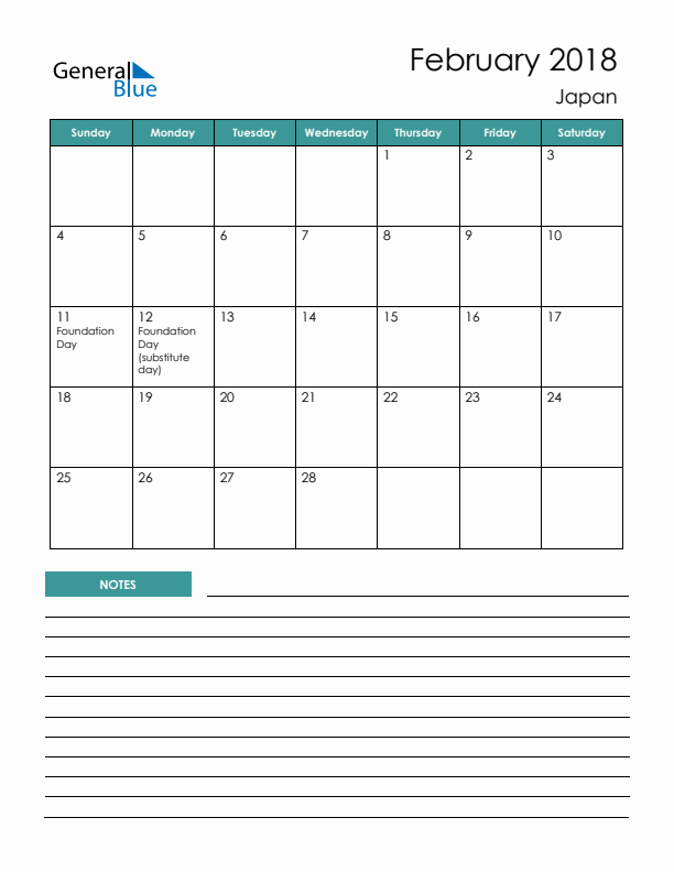 Calendar with Notes Printable - Sunday Start