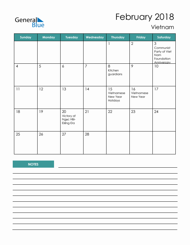 Calendar with Notes Printable - Sunday Start