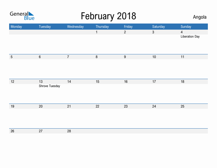 Fillable February 2018 Calendar