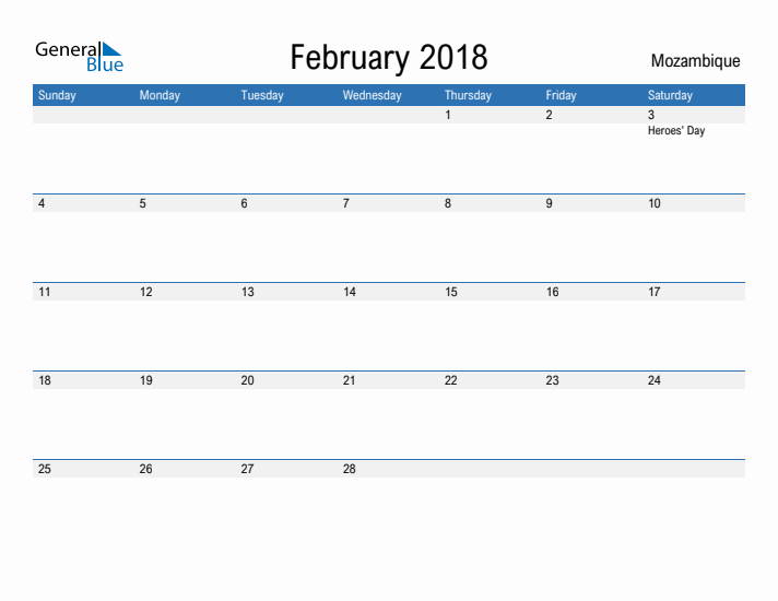 Fillable February 2018 Calendar