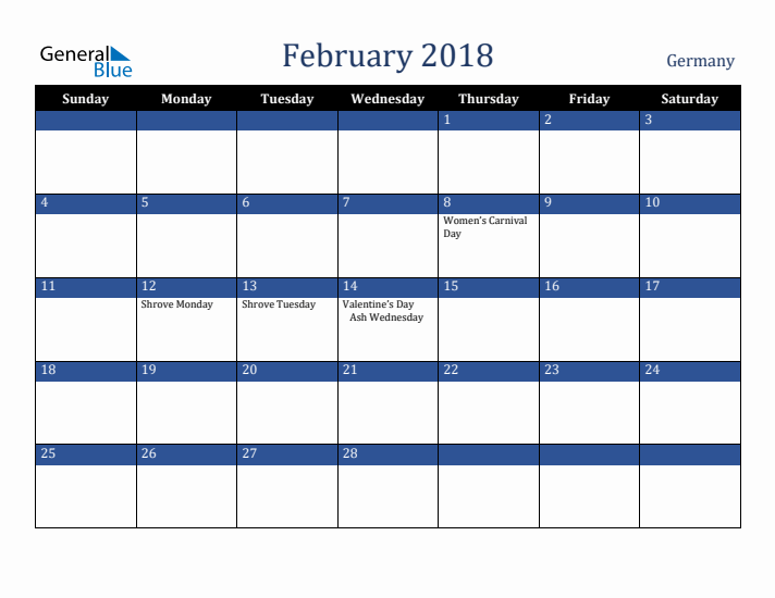 February 2018 Germany Calendar (Sunday Start)