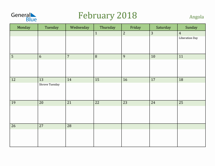 February 2018 Calendar with Angola Holidays