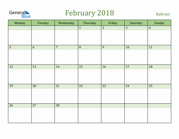 February 2018 Calendar with Bahrain Holidays