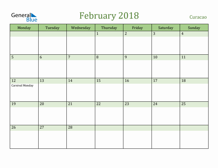 February 2018 Calendar with Curacao Holidays