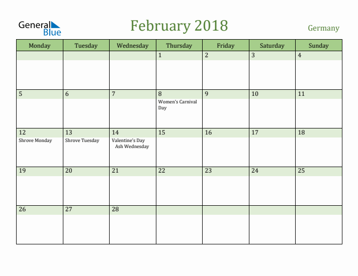 February 2018 Calendar with Germany Holidays