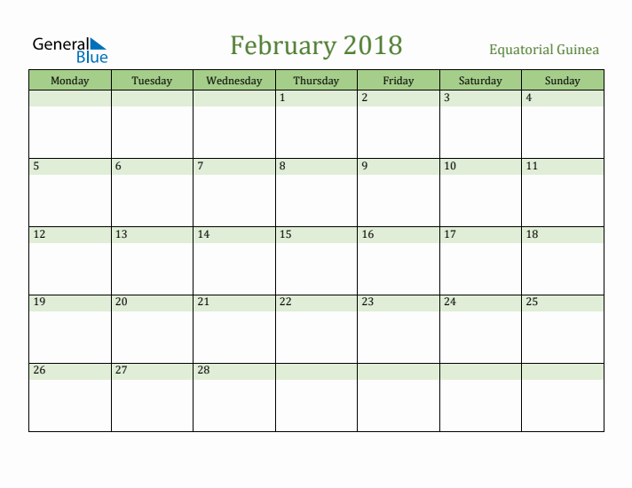 February 2018 Calendar with Equatorial Guinea Holidays