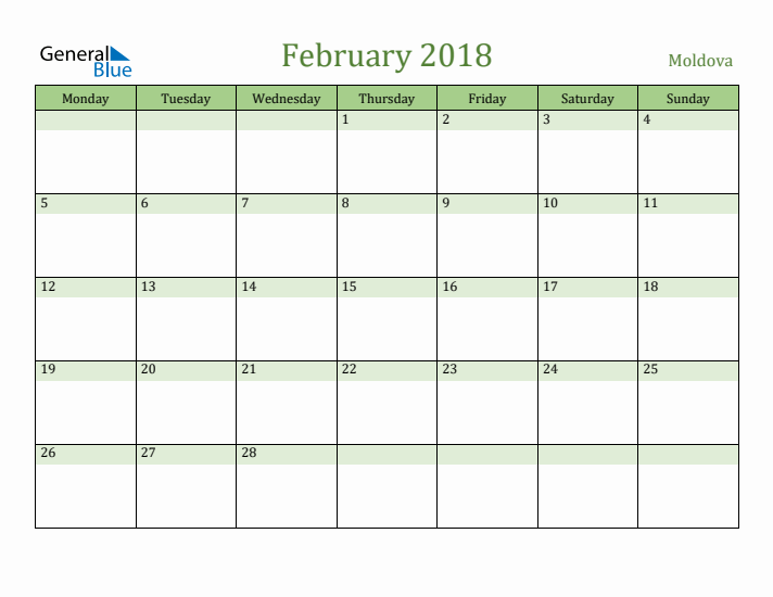 February 2018 Calendar with Moldova Holidays