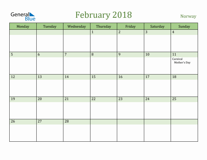 February 2018 Calendar with Norway Holidays