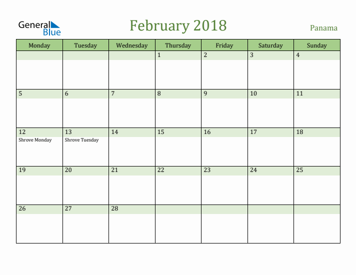 February 2018 Calendar with Panama Holidays