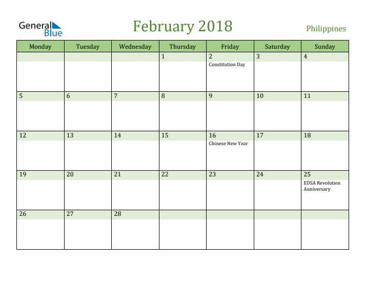 February 2018 Calendar with Philippines Holidays