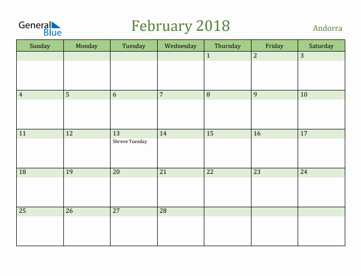 February 2018 Calendar with Andorra Holidays