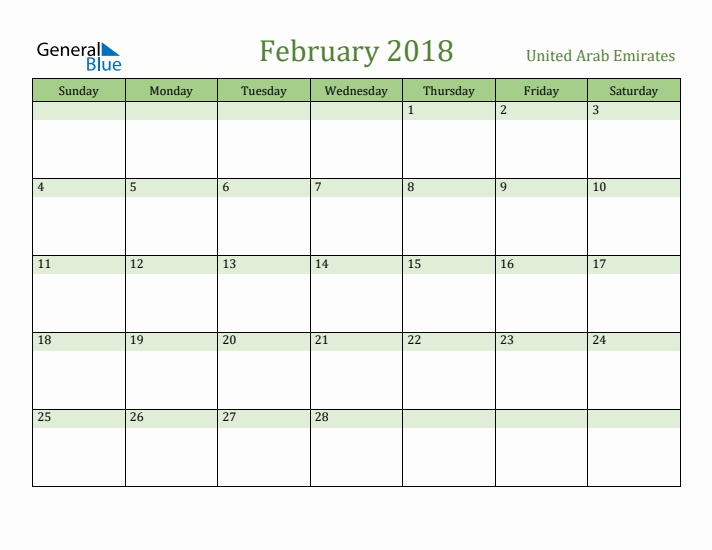 February 2018 Calendar with United Arab Emirates Holidays