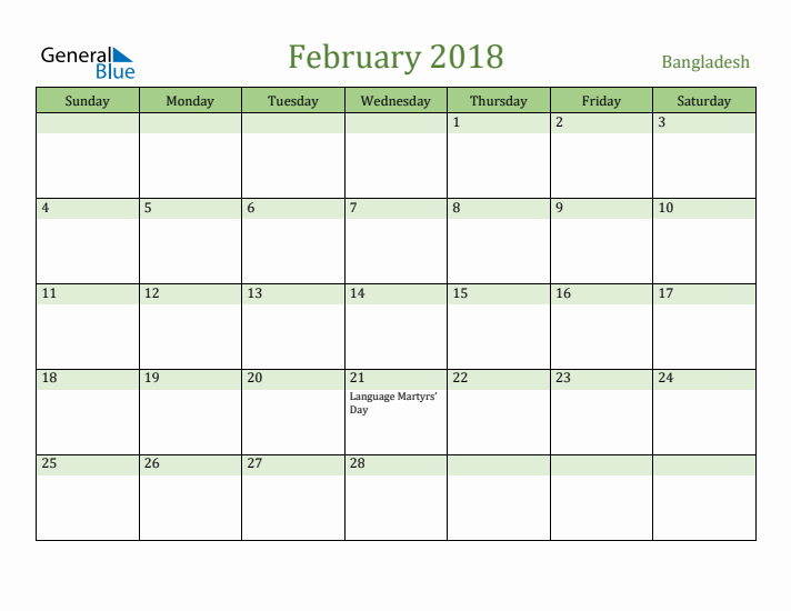 February 2018 Calendar with Bangladesh Holidays