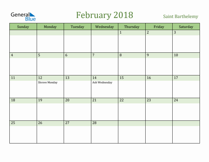 February 2018 Calendar with Saint Barthelemy Holidays