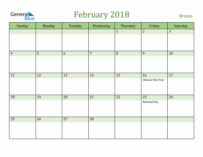 February 2018 Calendar with Brunei Holidays