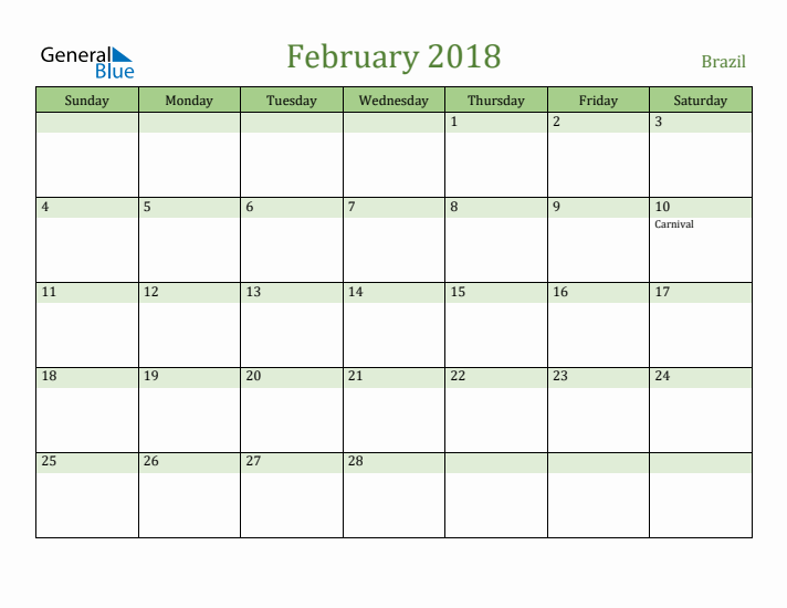 February 2018 Calendar with Brazil Holidays