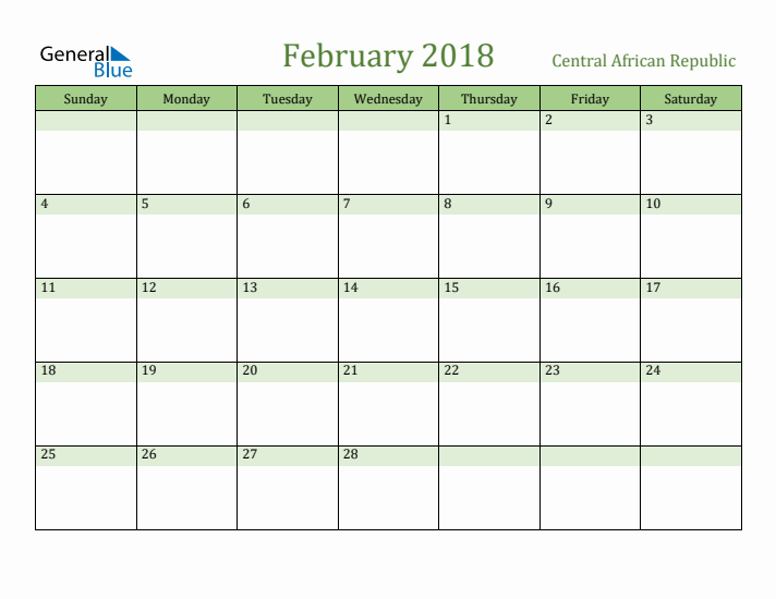 February 2018 Calendar with Central African Republic Holidays