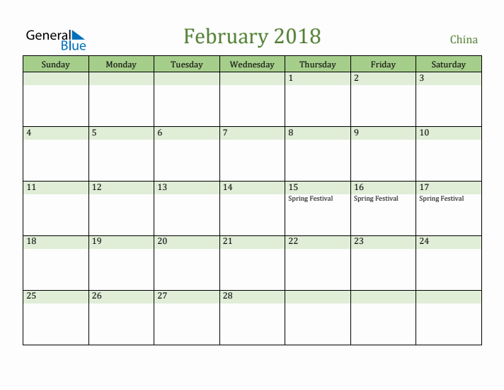 February 2018 Calendar with China Holidays