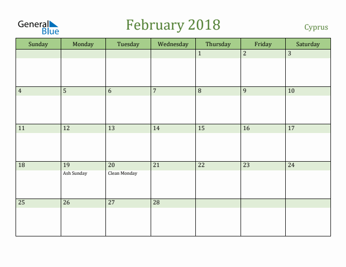 February 2018 Calendar with Cyprus Holidays