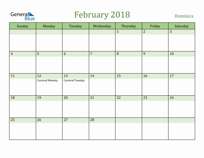 February 2018 Calendar with Dominica Holidays