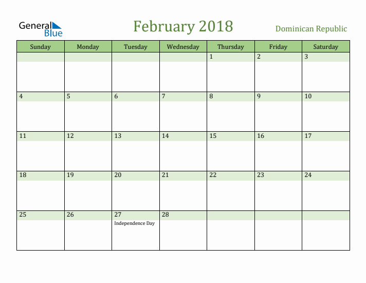 February 2018 Calendar with Dominican Republic Holidays