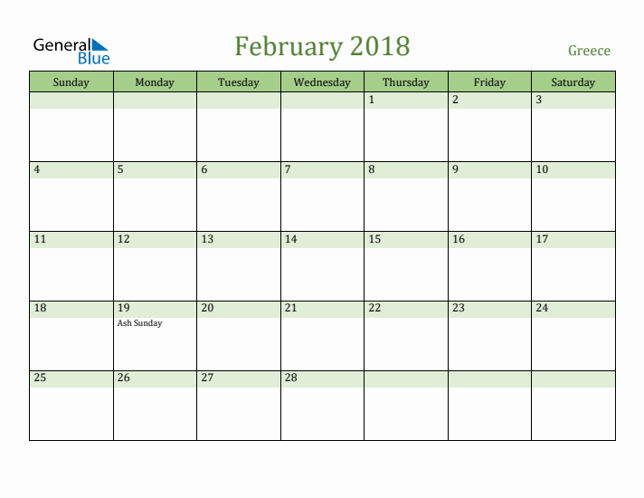 February 2018 Calendar with Greece Holidays