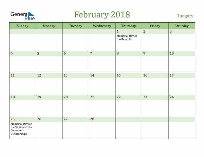 February 2018 Calendar with Hungary Holidays